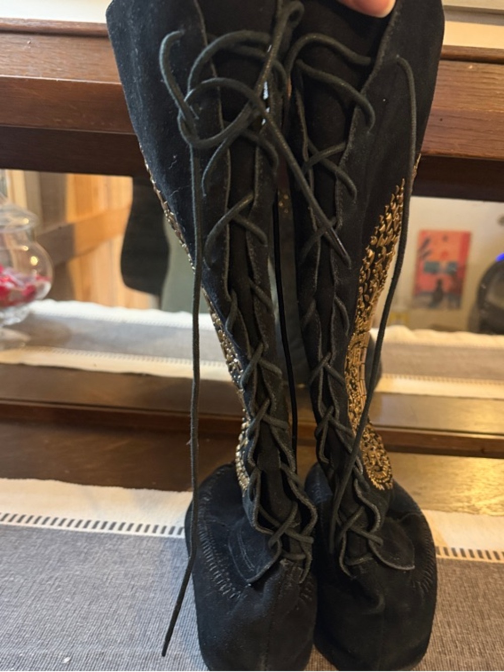 Jeffrey Campbell Black Suede Lace-Up Boots with Gold Stud Embellishments - Picture 2 of 6